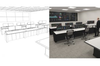 a drawing of a control room with a man standing in front of it